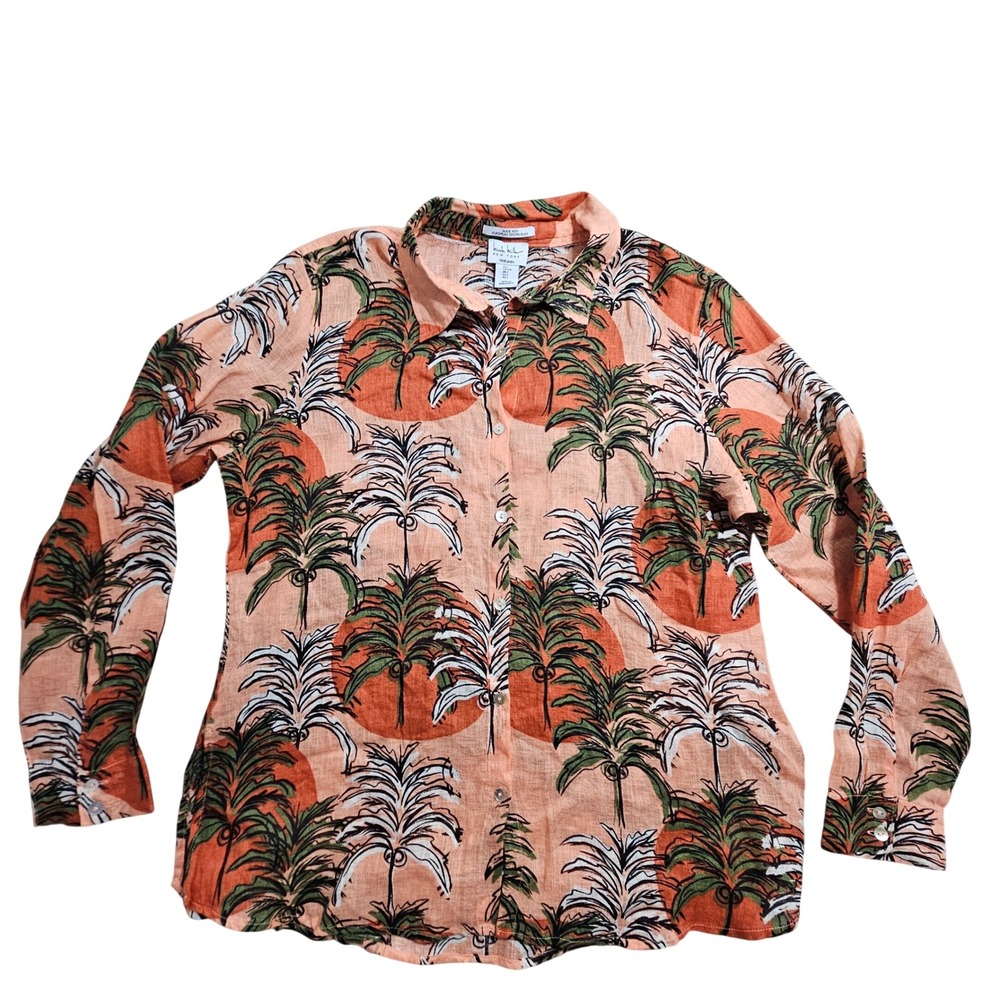 Nicole Miller Button Down Shirt Large Orange Linen Tropical Palm Tree Print